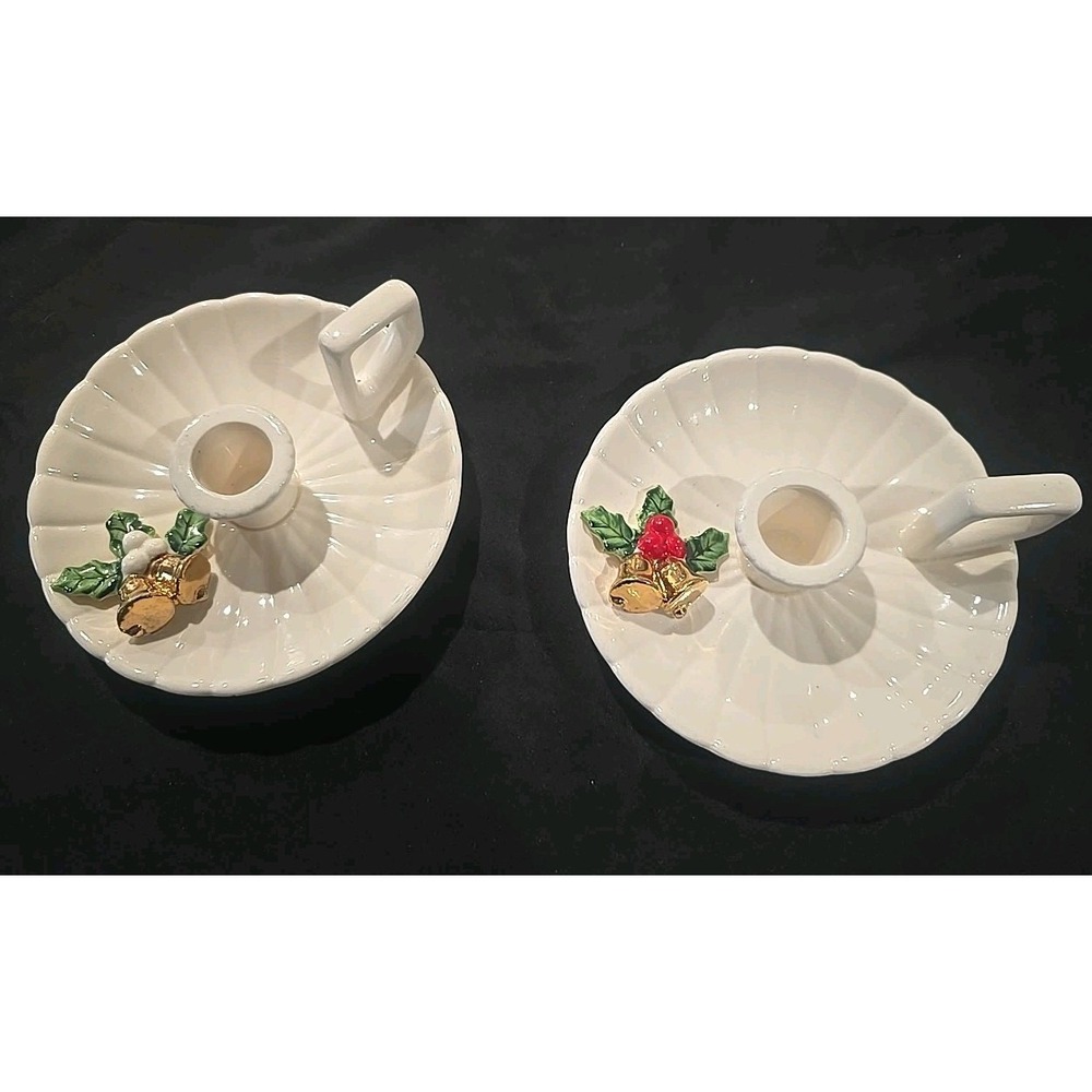 2 Vintage Christmas Ceramic Taper Candle Holders handles raised Holly gold bell